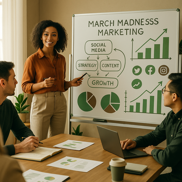 Marketing team planning a March Madness social media campaign on a laptop with basketball visuals
