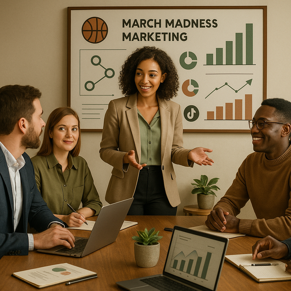 Team marketing che pianifica una campagna social per March Madness su laptop con grafiche basket