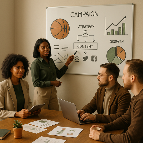 Équipe marketing préparant une campagne March Madness sur ordinateur portable avec des visuels de basket-ball