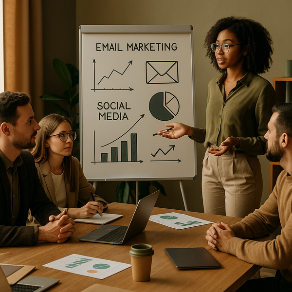 Panel de email marketing con analítica de campañas, flujos de automatización y listas de suscriptores en una pantalla de trabajo moderna.