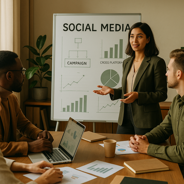 Profissional de marketing analisando métricas de AEO em um painel para visibilidade em redes sociais e busca em 2026.