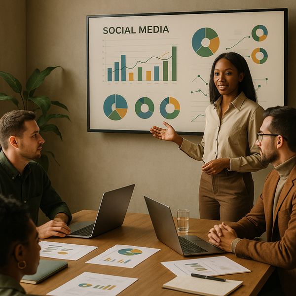 Marketer che analizza le metriche AEO su una dashboard per visibilità social e search nel 2026.