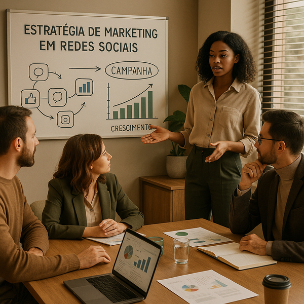 Espaço de planejamento de equipe mostrando funções de redes sociais, orçamentos e notas de campanha para 2026