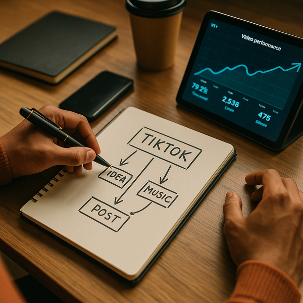 Criador editando um vídeo no TikTok enquanto acompanha músicas em alta e métricas de engajamento