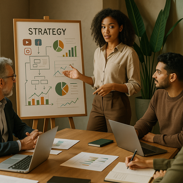 Equipe coordenando o fluxo de redes sociais em dispositivos