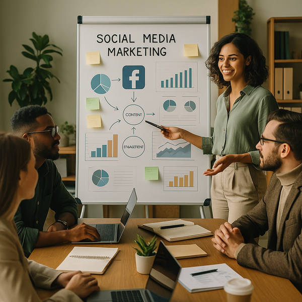 Écrans de tableau de bord montrant des métriques Facebook, des graphiques et des tendances de performance.