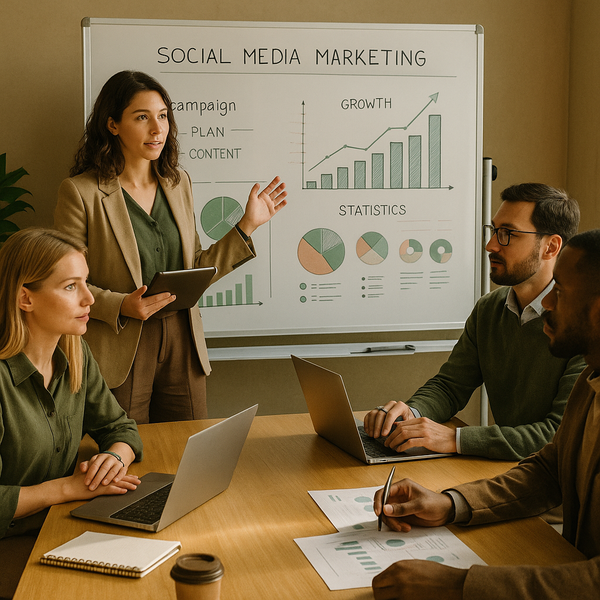 Team marketing che analizza su dashboard gli output di AI social-first