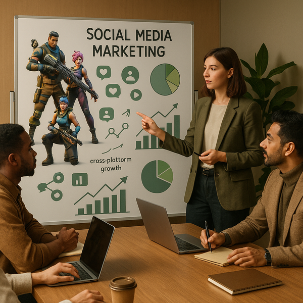Concetto di personaggio AI in stile Fortnite per una strategia social media marketing interattiva