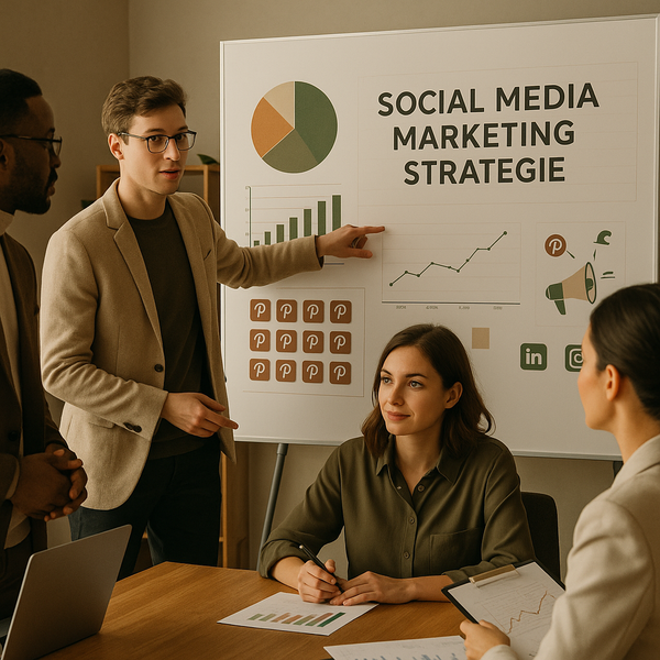 Pinterest-Board mit Pins und Laptop mit Analytics