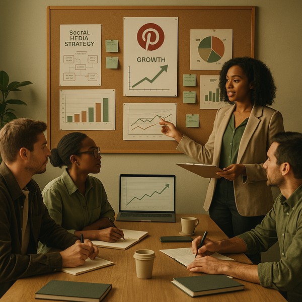 Tablero de Pinterest con pines y un portátil que muestra analíticas