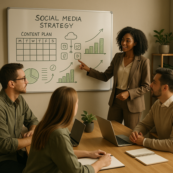 Equipe planejando um calendário de conteúdo para redes sociais em um laptop, com anotações de estratégia e ferramentas de agendamento