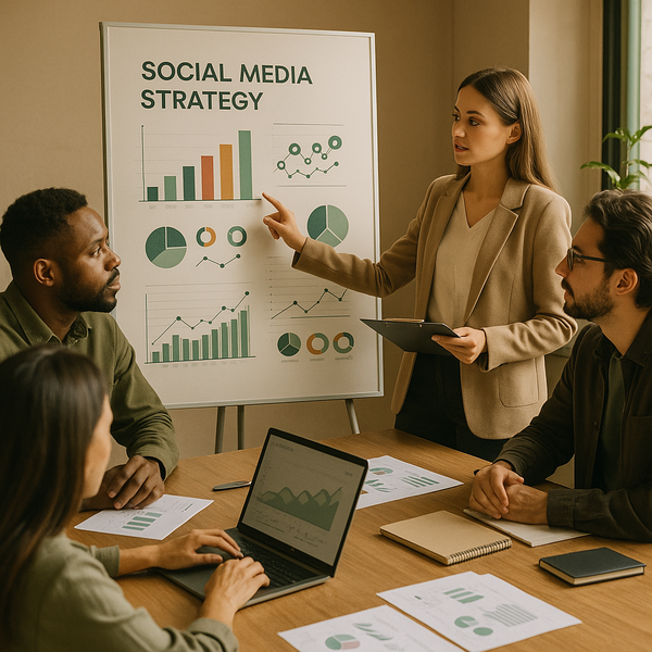 Equipo de marketing revisando resultados de IA social-first en un panel