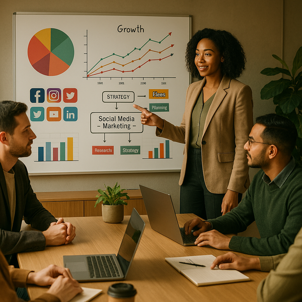 Team che coordina un piano social su schermi e notebook