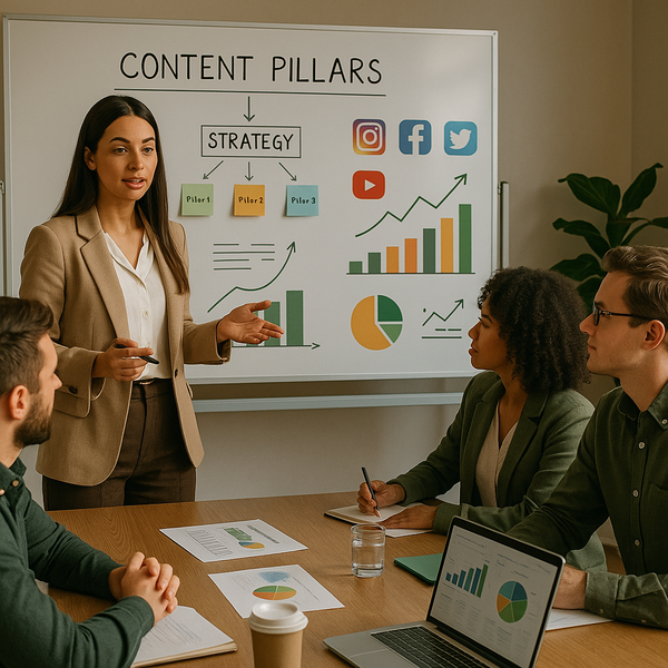 Equipo planificando pilares de contenido en redes sociales sobre una pizarra de estrategia con ideas de contenido y notas de campaña.