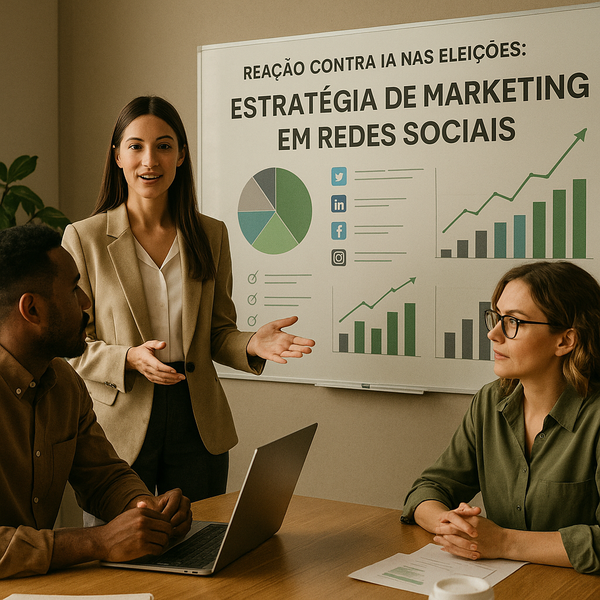 Tela de analytics em redes sociais com alertas de conteúdo gerado por IA e tendências de sentimento do público em contexto eleitoral