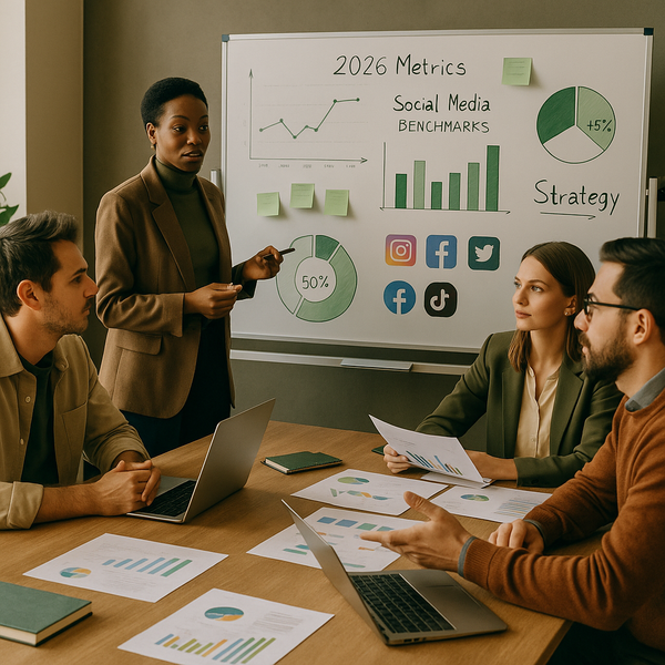 Team reviewing 2026 social media benchmarks on a dashboard to improve marketing performance