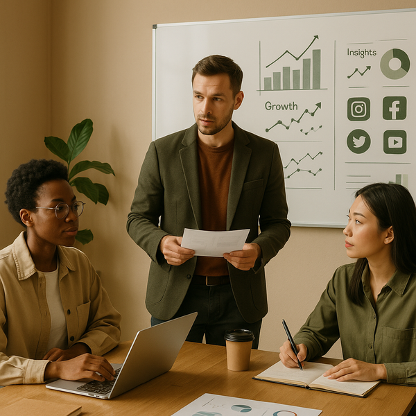 Team dat social media benchmarks 2026 bekijkt op een dashboard om marketingprestaties te verbeteren