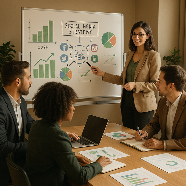 Personen nutzen ein Social-Media-Analytics-Dashboard auf dem Bildschirm