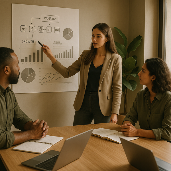 Team analysiert Social Media Benchmarks 2026 auf einem Dashboard für bessere Marketing-Performance