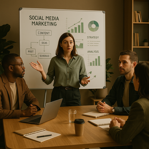 Team plant Social-Media-Content-Pfeiler auf einem Strategie-Board mit Content-Ideen und Kampagnennotizen.