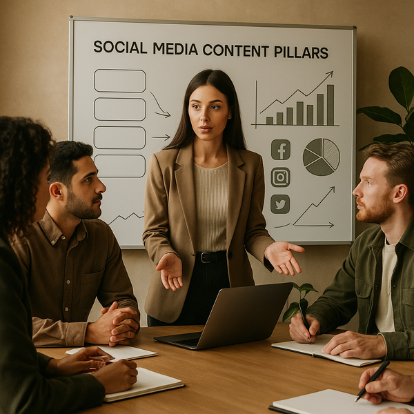 Team plant Social-Media-Content-Pillars auf einer Strategie-Board