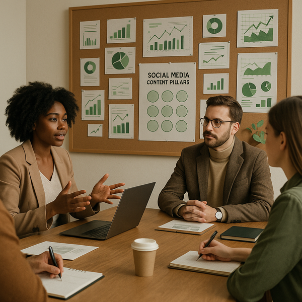 Profissional planejando pilares de conteúdo para redes sociais em um quadro de estratégia.