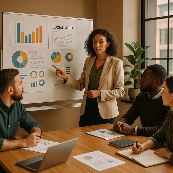 Team plant social media contentpijlers op een strategiebord met contentideeën en campagnedata.