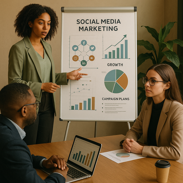 Zakelijke team vergadering over social media planning