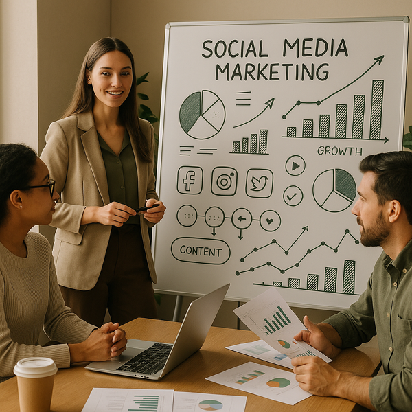 Team bespreekt conversieverbeteringen voor een social media marketing strategie in 2026