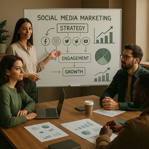B2B-Marketing-Team analysiert ein AEO-Dashboard für mehr Answer-Engine-Sichtbarkeit im Jahr 2026