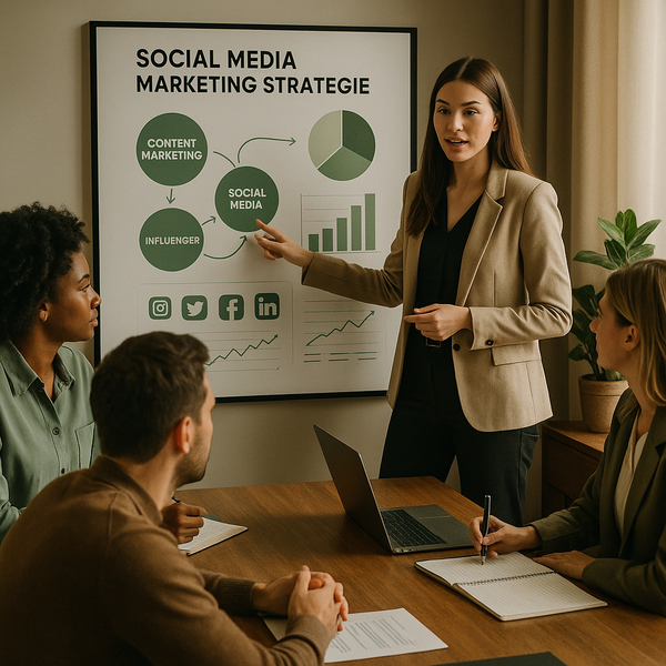 Retail-Team plant eine Social-Media-Marketing-Strategie mit Creator-Content und Produkt-Storytelling am Laptop