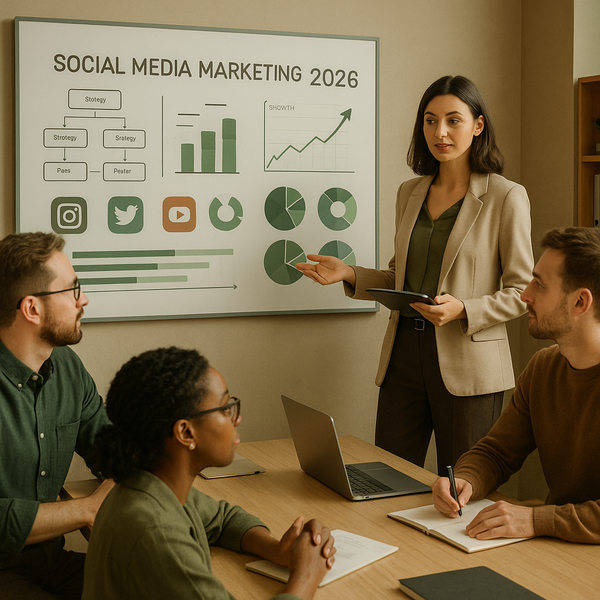 Retailteam dat een social media marketing strategie plant met creatorcontent en productverhalen op een laptop