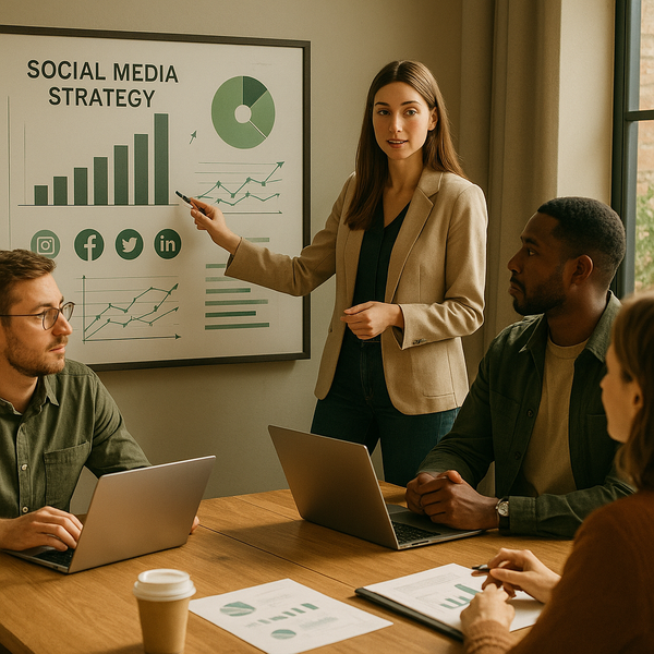 Teammitglieder arbeiten gemeinsam an Laptop und Social-Icons