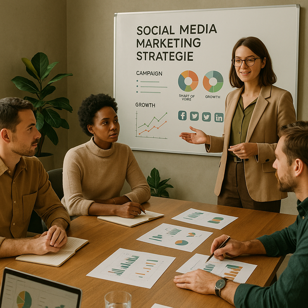 Team analysiert Social-Media-Leistung auf einem Dashboard