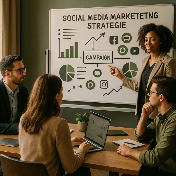 Team dat een social media workflow coördineert op apparaten