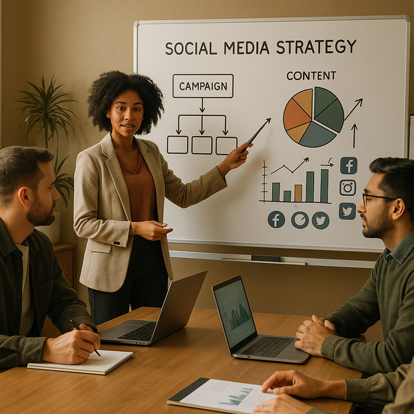 Team plant een social media marketing strategie rond rollen, kosten en workflows in een moderne kantooromgeving