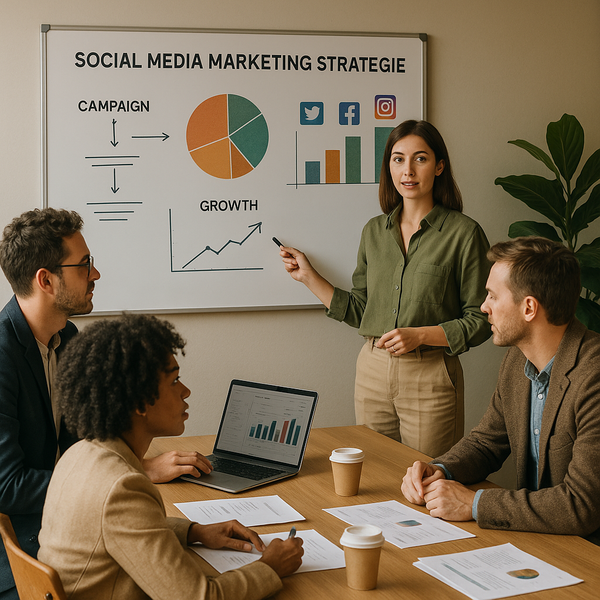Teamleden bespreken een social media marketing strategie met contentkalenders en analysetabellen