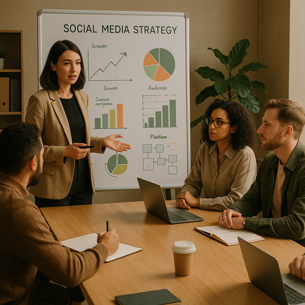 Sosyal medya içerik sütunlarını planlayan pazarlama ekibi ve içerik takvimi