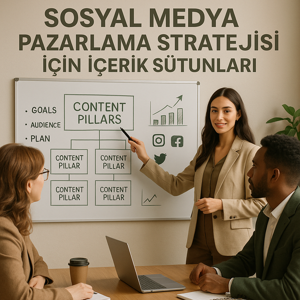 Sosyal medya içerik sütunlarını gösteren strateji planı ve örnek paylaşımlar.