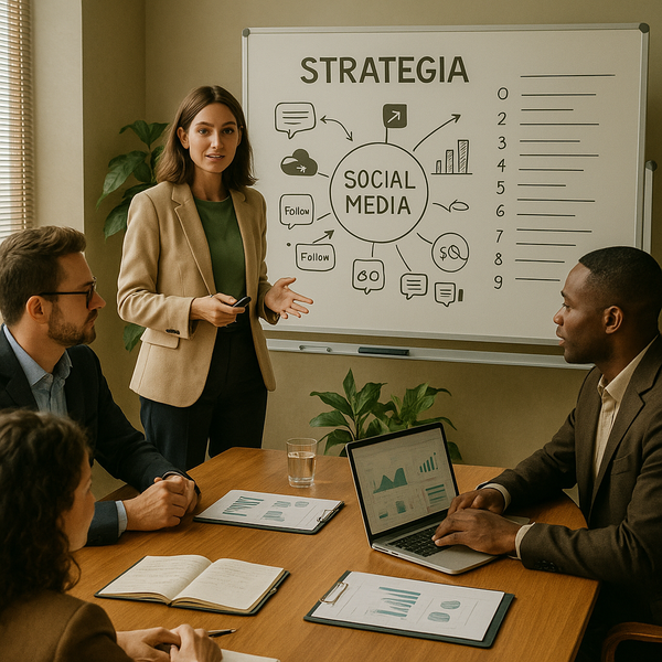 Team marketing B2B che analizza un dashboard di strategia AEO per la visibilità nei motori di risposta nel 2026