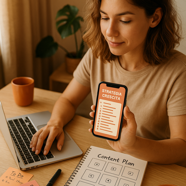 Creator che analizza insight di Instagram e opzioni di monetizzazione su laptop e smartphone