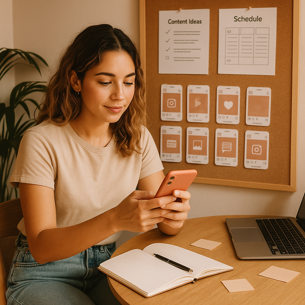 Creator che analizza i segnali dell’algoritmo Instagram e le metriche di crescita su laptop e smartphone