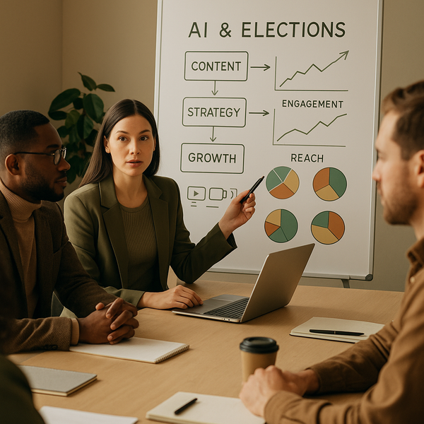 Contenuti social legati alle elezioni con visual AI e segnali di fiducia su una dashboard