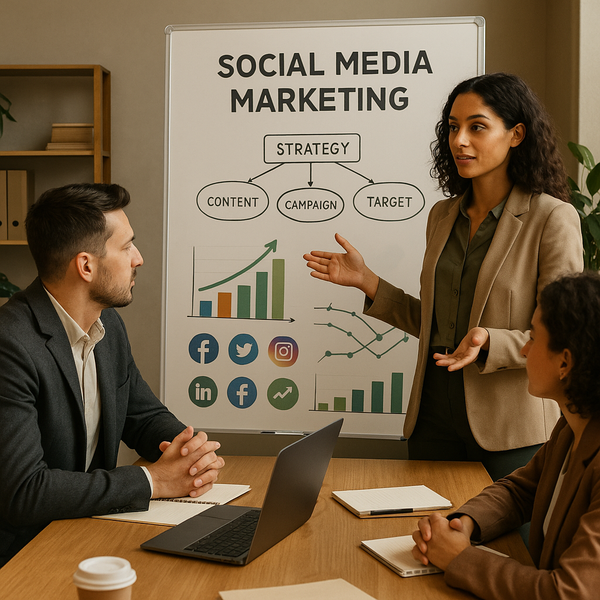 Strategia di answer engine optimization B2B con pianificazione dei contenuti social su un laptop