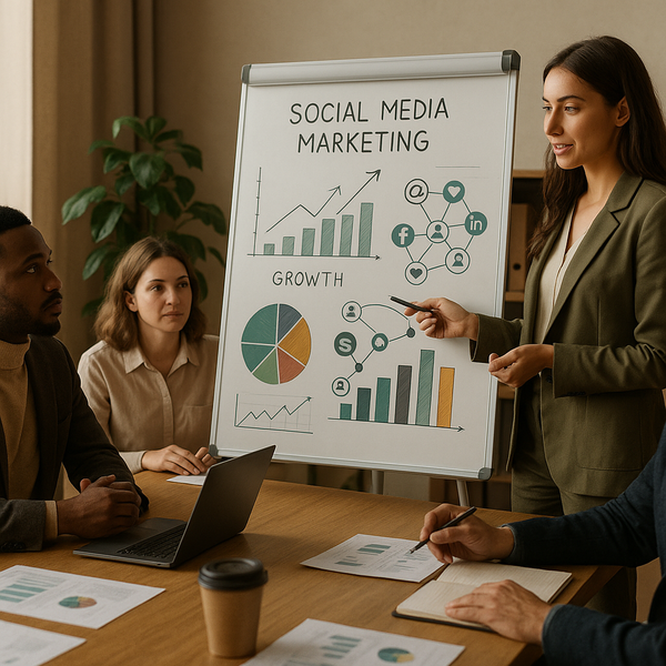 Commento di Sam Altman sul marketing di un modello AI e sulla strategia social media marketing, con dashboard analytics e icone di post social