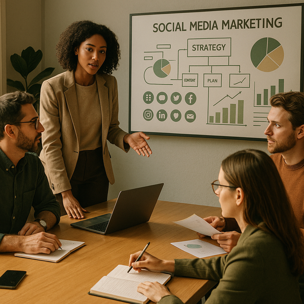 Concetto di AI character di Fortnite con note su strategia social media marketing su una dashboard digitale