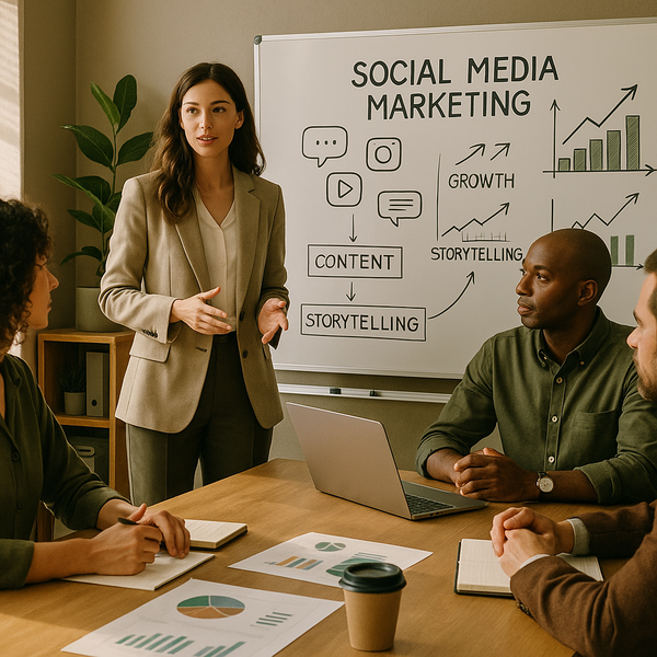 Team retail che pianifica una strategia social media marketing con contenuti creator e storytelling prodotto su un laptop