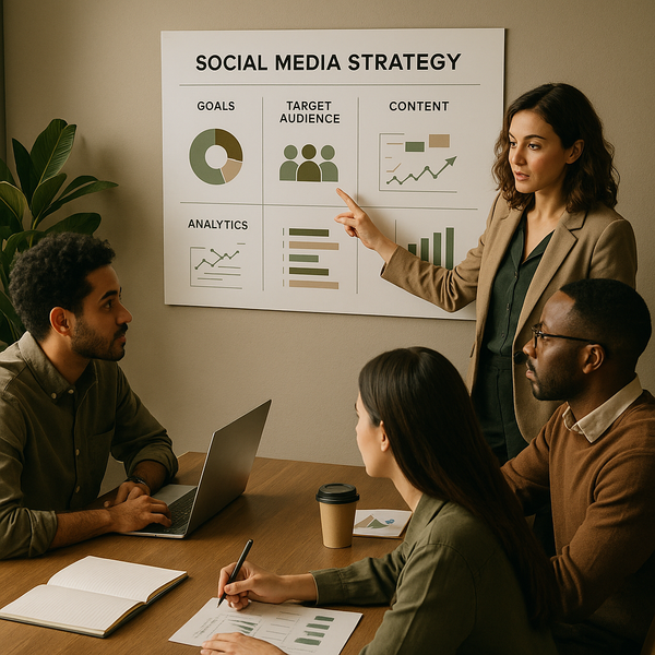 Une équipe planifie une stratégie marketing réseaux sociaux avec calendrier éditorial et tableaux d’analyse