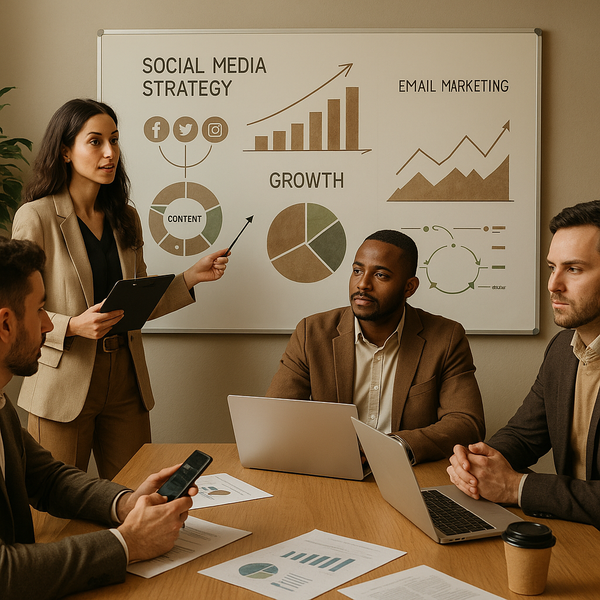 Dashboard di email marketing con analytics delle campagne, automazioni e liste contatti su una scrivania moderna.