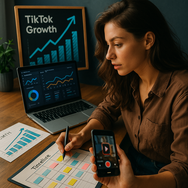 Creator bekijkt een 2026 TikTok-nieuwstijdlijn en groeistatistieken op een laptopscherm